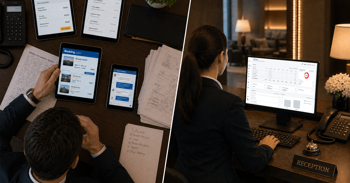 A comparison of fragmented hotel messaging vs. centralised guest communication through a hotel CRM.
