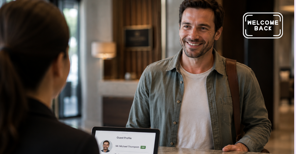 A hotel receptionist using Noovy CRM guest profile data to provide a personalised welcome to a repeat guest.