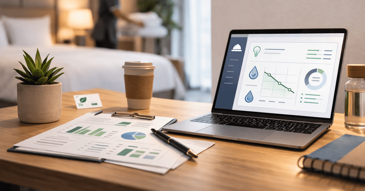 A smart housekeeping interface open on a hotel laptop.