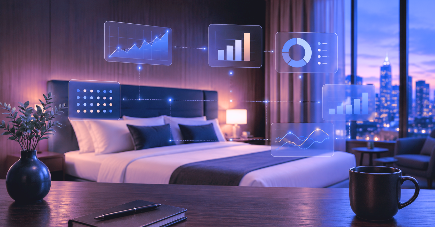 A modern hotel interior with illustrations of how digital technologies help operate an independent hotel.