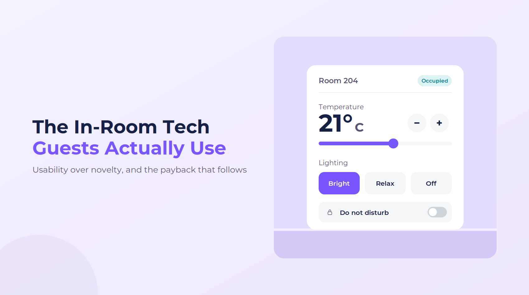 A wall-mounted room panel showing 21°C temperature control, three lighting scenes and a do-not-disturb toggle.