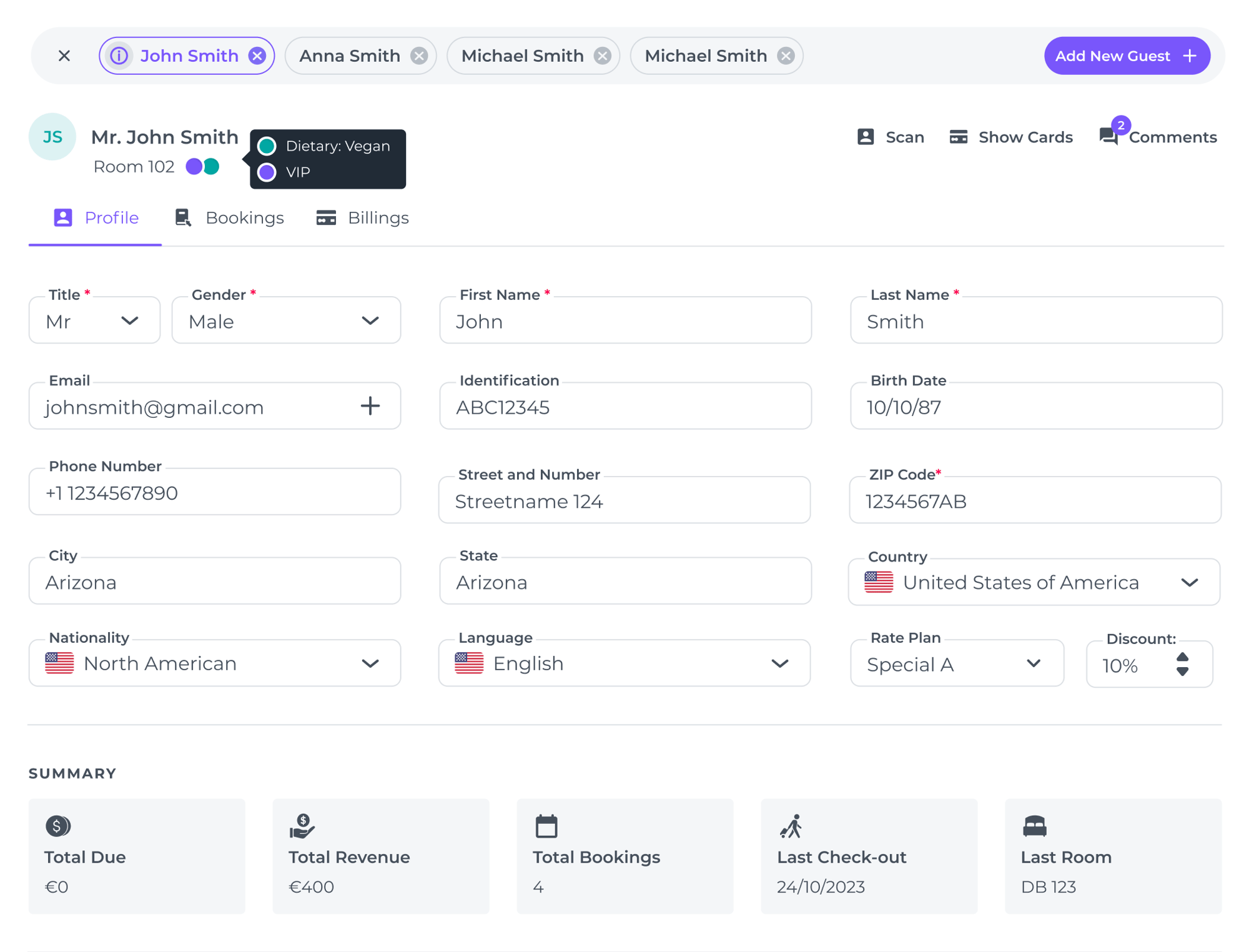 An overview of the Noovy guest profile dashboard.