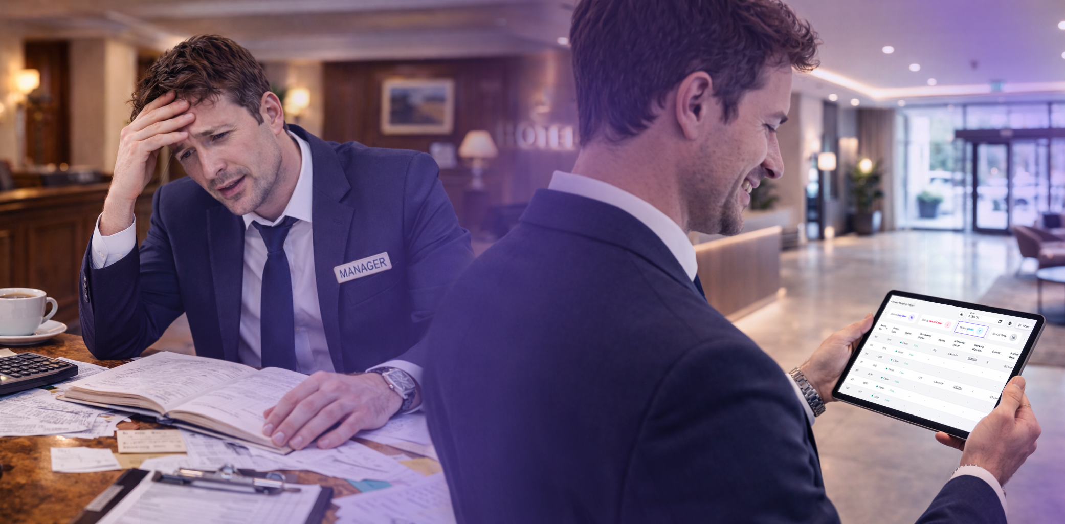 A versus image depicting the stress of manual staffing versus the ease of modern PMS powered staffing.