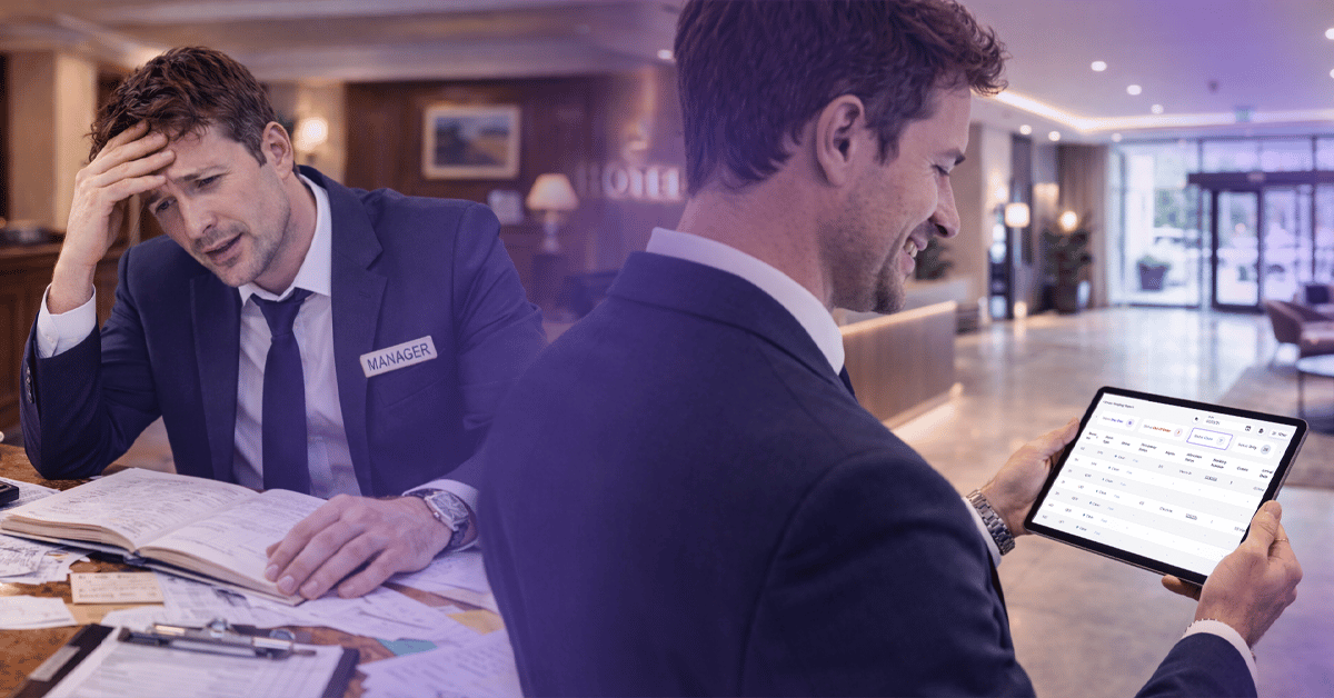 A versus image depicting the stress of manual staffing versus the ease of modern PMS powered staffing.