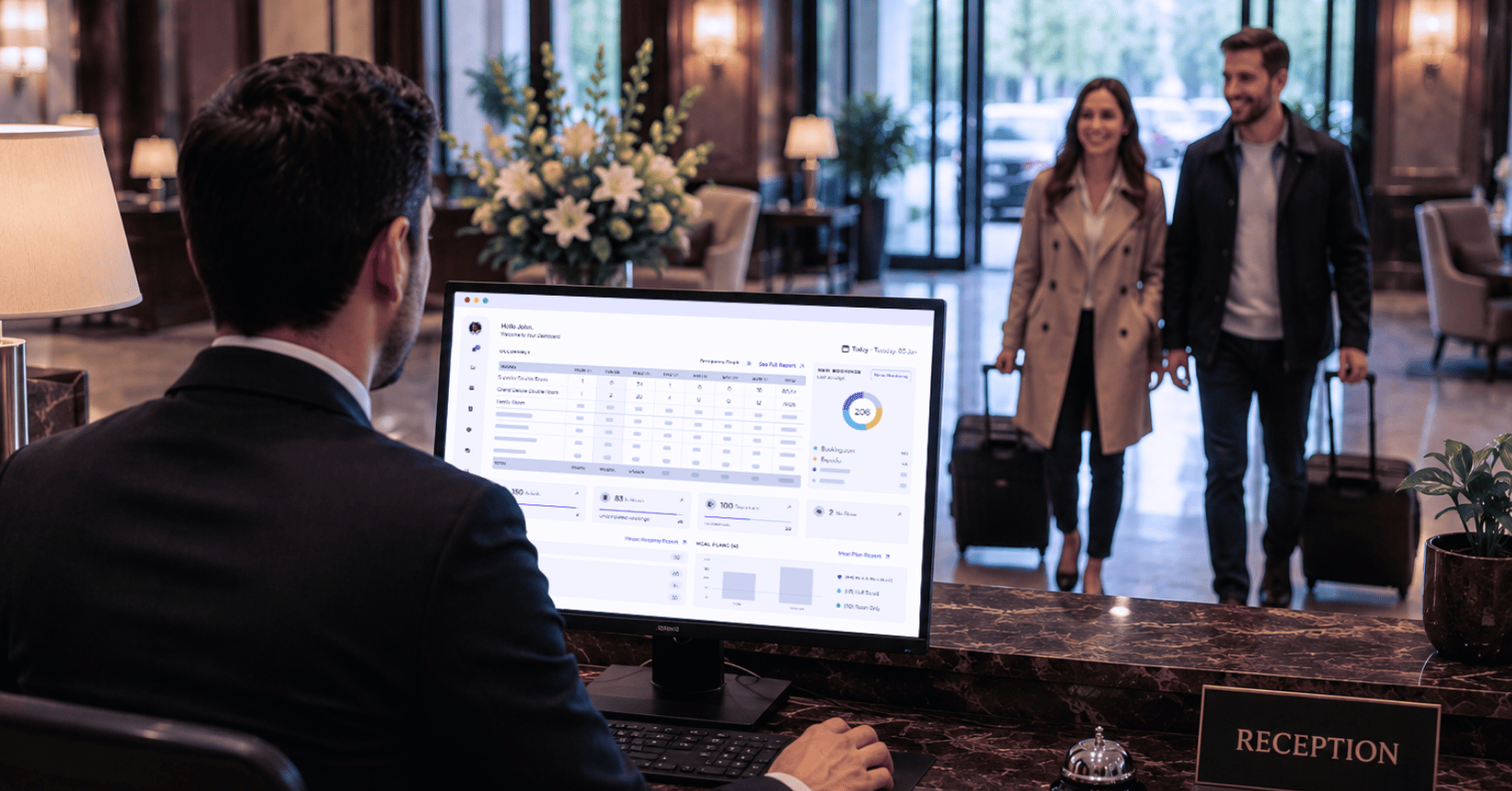 A traditional hotel lobby with the modern PMS open on the screen. A happy front desk staff member is ready to greet incoming guests.