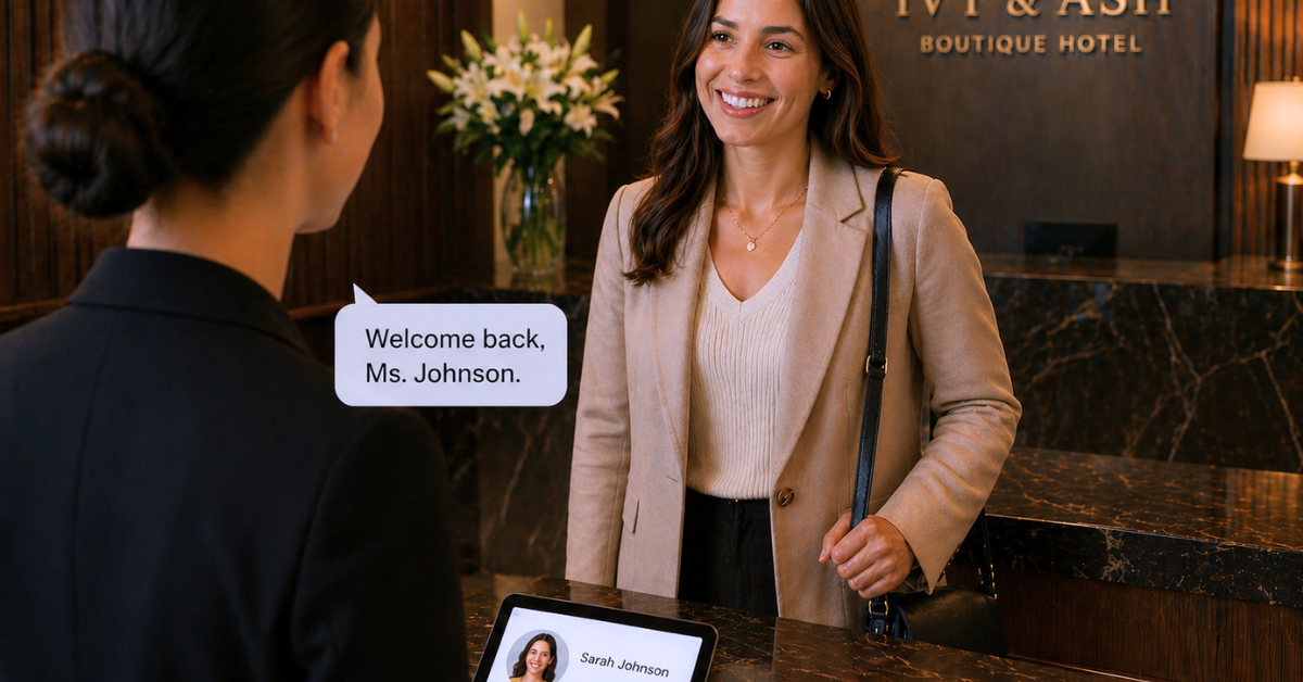 A hotel manager using a tablet to view a detailed guest profile while the guest is greeted by name at the check-in desk.