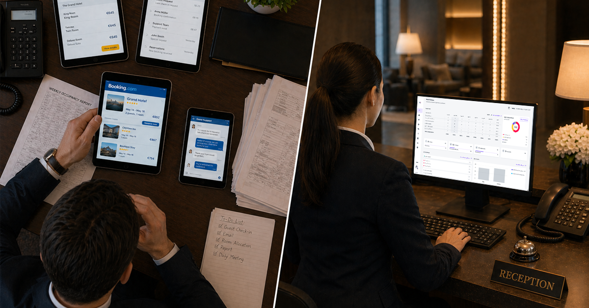 A comparison of fragmented hotel messaging vs. centralised guest communication through a hotel CRM.