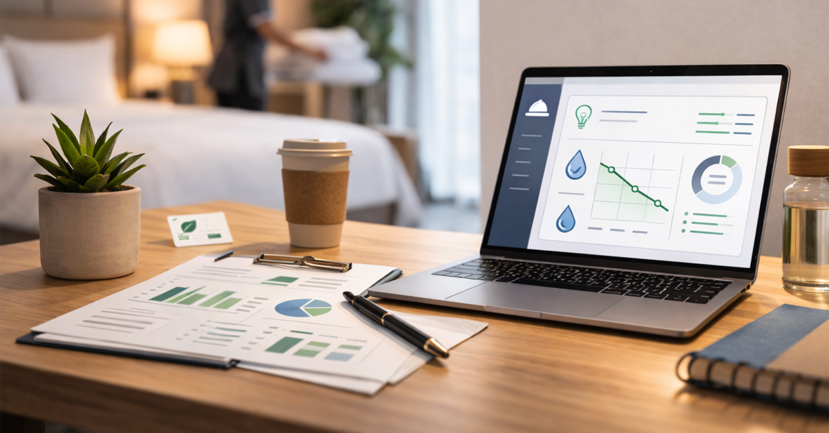 A smart housekeeping interface open on a hotel laptop.