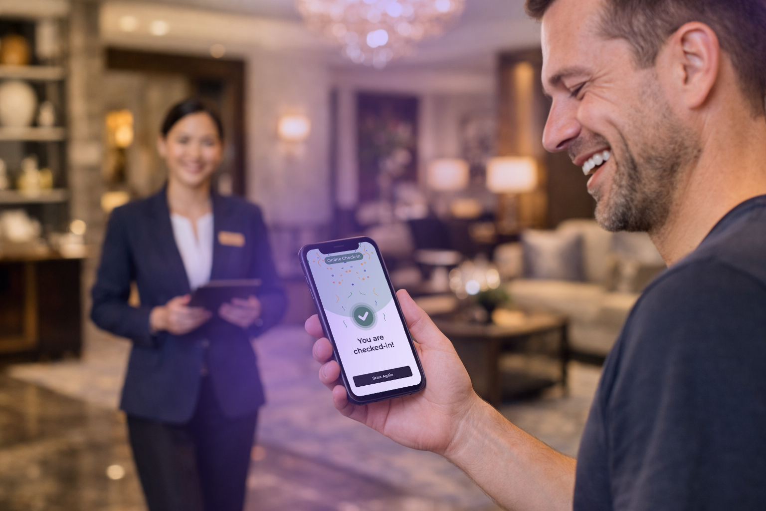 A hotel guest automatically checking in via their mobile phone.