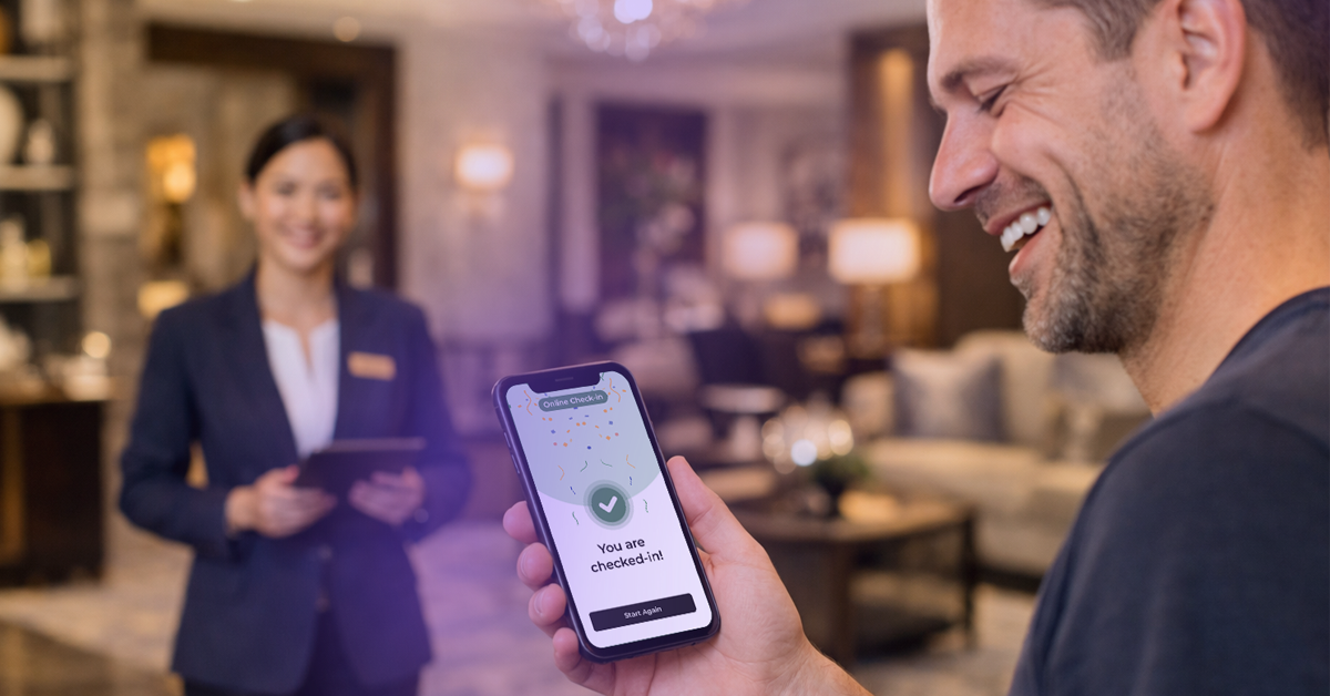 A hotel guest automatically checking in via their mobile phone.
