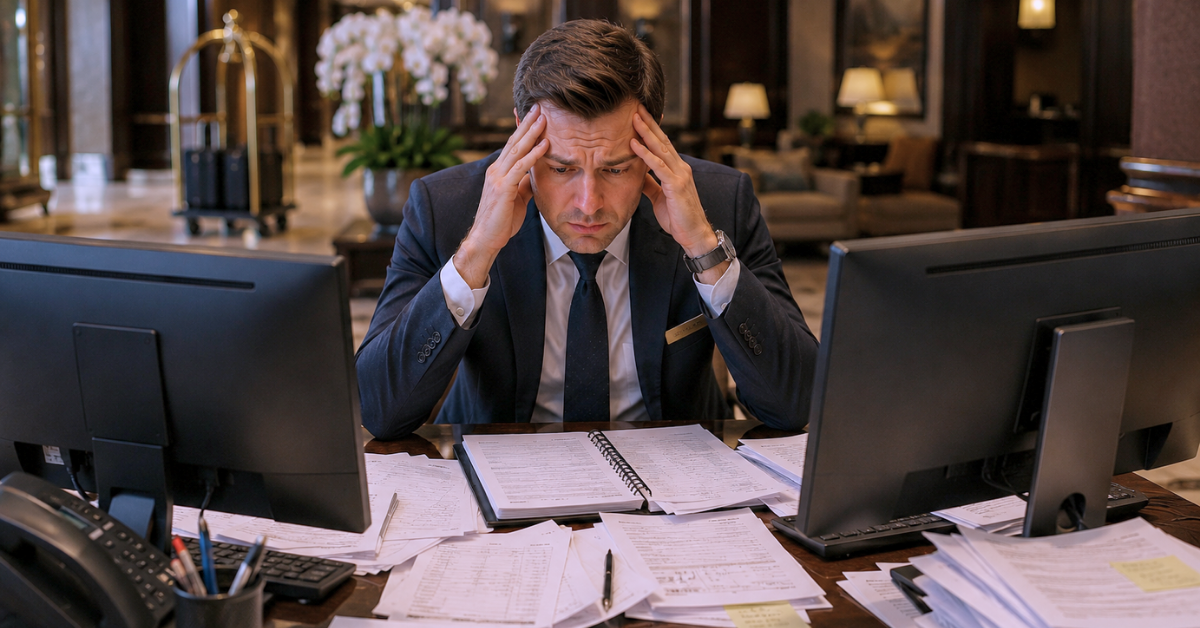 A stressed member of a hotel front desk handling operational tasks manually, instead of utilising modern hotel management systems.