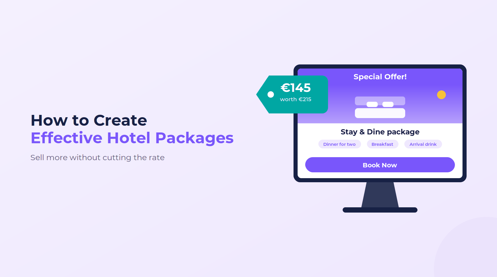 A hotel booking screen offering a Stay and Dine package at €145, with inclusions worth €215.