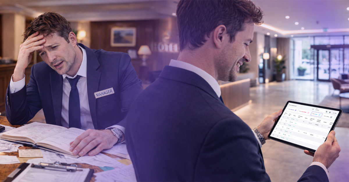 A versus image depicting the stress of manual staffing versus the ease of modern PMS powered staffing.